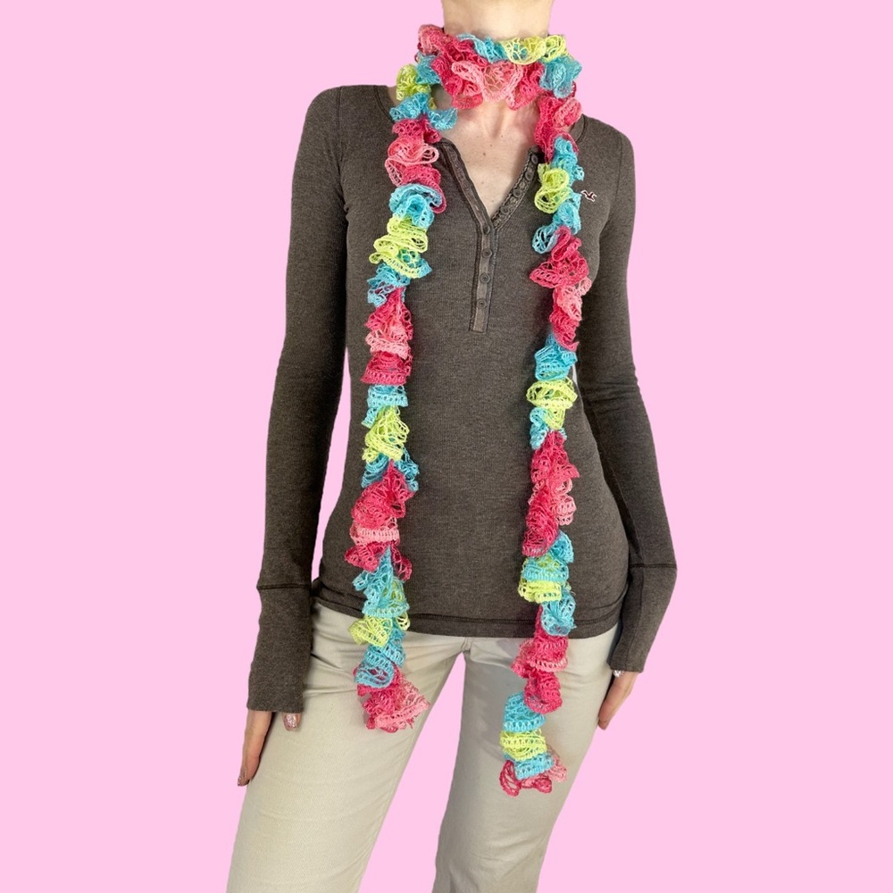 Y2K Pink Blue Green Knit Ruffle Skinny Scarf